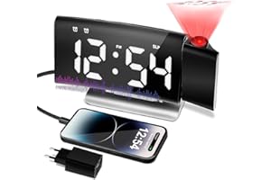 TAKRINK Radio Réveil Projecteur Plafond 4 Luminocité de écran et 3 de Projection Réglable Double Alarme Fontion Snooze Port de Chargement Réveil Numérique pour la Chambre
