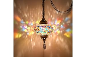 DEMMEX Plafonnier turc marocain en mosaïque, luminaire suspendu avec cordon de 4,5 m, chaîne et prise, lampe à brancher, sans câblage électrique, à brancher sur une prise murale
