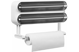 Quasziwa Porta Rotolo da Cucina da Parete Per 3 Rotoli - Dispenser Pellicola e Alluminio di Aspirazione Magnetica con Taglierina Affilate, Taglia Pellicola con Portarotolo con 50m Film, Nero