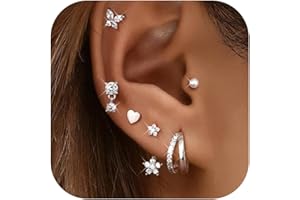 JeweBella 6 Paia Set Orecchini Donna Argento/Oro Trendy Stella Cuore Zirconia Cubica Orecchini Impilabili Orecchini a Lobo Piccoli Orecchini a Cerchio Set Per Piercing Multipli