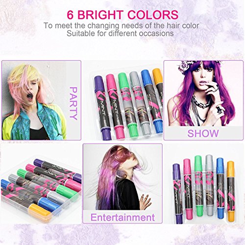 Haare Kreide – Metallic Glitter temporäre Haarfarben – Randkreide – kein Durcheinander – in Dichtstoff gebaut – Arbeiten auf allen Haarfarben – Farbe Essentials Set (6 Farben) plus Einweg-Handschuhen & Einweg-Umhange Von SySrion - 2