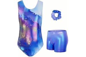 JiAmy Gymnastics Leotards for Girls, 3Pcs Sleeveless Athletic Outfit Sparkly Dance Unitards with Shorts Ballet Biketards 3-12 Years