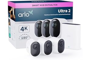 Arlo Ultra 2 Überwachungskamera Aussen WLAN, Kabellos, 3er Set, 4K UHD Qualitätsprodukt, 180° Sichtfeld, Spotlight, Farb-Nachtsicht, Bewegungsmelder, Alarm Sirene + mit Arlo Secure Testzeitraum