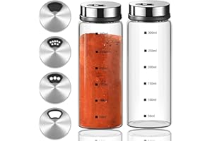 Aieraczy 2 Pcs Salt Pepper Shaker, 300ml Salt Shaker with Adjustable Pour Holes, Spice Shaker, Glass Spice Jar with Shaker lids, Salt Cellar Salt Container Salt Dispenser for Seasoning Kitchen