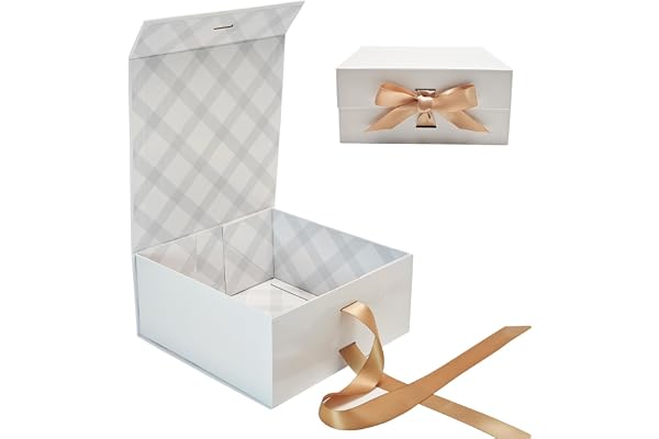 Tekhoho Boîte Cadeau Blanc 22x22x10cm, Boîte Cadeau Haut de Gamme avec Couvercle Magnétique et Ruban pour Emballage Cadeau de Vacances, Mariage, Anniversaire, Doublure à Carreaux