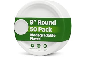 1ABOVE 50 Pack Extra Strong White Disposable Bagasse Plates, 100% Compostable and Biodegradable, Made from Sugarcane Fibre, Perfect for BBQ, Wedding, Office, Picnics and Parties (9 INCH)