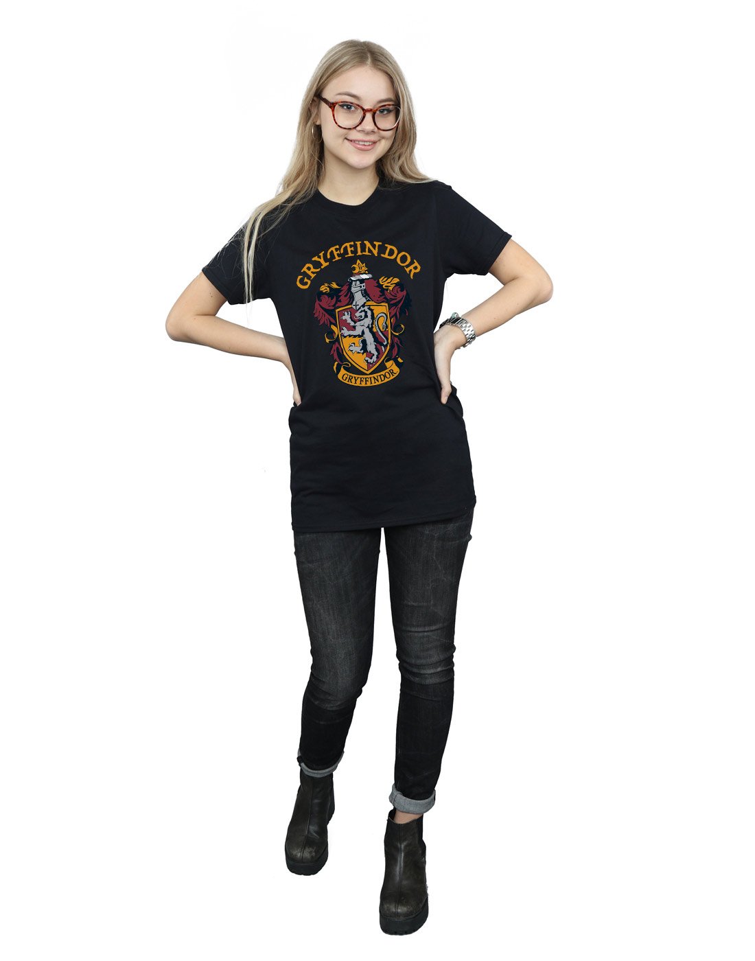 Absolute-Cult-Harry-Potter-Damen-Gryffindor-Crest-Boyfriend-Fit-T-Shirt-Schwarz-Medium