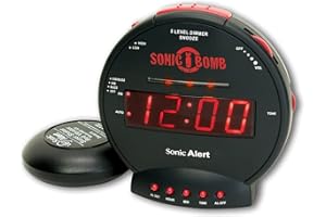 SONIC ALERT Geemarc Sonic Bomb - Extra Loud Alarm Clock with Tone and Volume Control, Bed Shaker and Snooze Function - For the Hard to Wake, Hard of Hearing and Deaf - UK Version