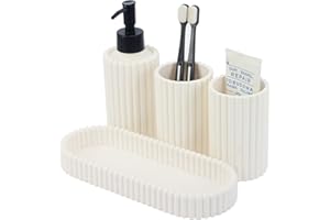 NUSCEN Soap Dispenser and Toothbrush Holders Set, 400ml Refillable Liquid Dispenser with Tray | 3-Piece White Plastic Bathroom Organiser for Countertop, Kitchen & Laundry Room