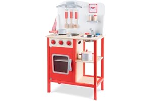 EITECH New Classic Toys Red Wooden Pretend Play Toy Kitchen for Kids with Role Play Bon Appetit Included Accesoires