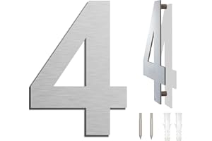 YWONOBY Edelstahl Hausnummer große - Wetterfest und Pflegeleicht - Metallic Mattes Silber Finish - Moderner Schwebender Aussehen und Einfache Installation - Höhe 203 mm - Arial Ziffer 4