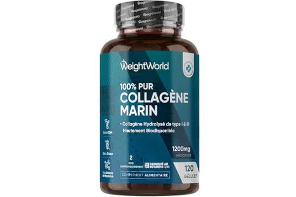 Collagene Marin Gelules Pur Type 1 & 3, 120 Gélules, Peptide de Collagene Marin Hydrolysé, 1200mg sans Additifs, sans OGM, sans Gluten et sans Stéarate de Magnésium, 2 Mois d'Approvisionnement