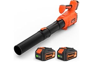 Soplador de Hojas, Bravolu Soplador con 2 Baterías de 5200 mAh y Cargador, Potente Motor sin escobillas, Velocidad del Aire MAX 305 km/h, 5 Velocidades Soplador de Hojas Eléctrico con Modo Turbo