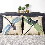 Luxbon 2 stk. Libelle Dragonfly Leinen Kissenbezug Lendenkissen Wurfkissenbezug Pillowcase Cafe Zimmer Auto Deko 45 x 45 cm Blau Grün