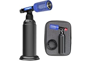 HOSECES Black Butane Torch Lighter, Anti-Burn Stainless Steel Cover,Refillable Gas Kitchen Butane Blow Torch,Adjustable Flame Guard for BBQ, Camping, Cooking(Gas Not Included) (Black-Stainless Steel)