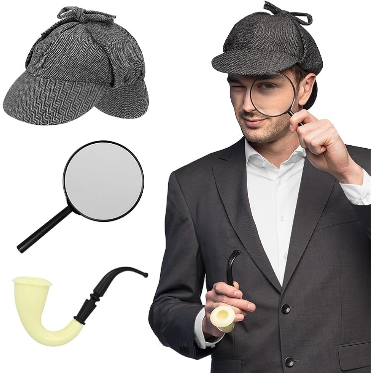 3-teiliges Detektiv-Kostüm-Set – Inkl. Deerstalker-Hut, Pfeife & Lupe Für Sherlock Holmes Cosplay, Halloween & Mottopartys