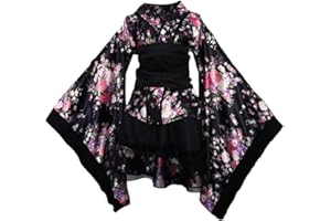 SOIMISS Kimono Court Costume Adulte Traditionnel Japonais Polyester Yukata Sakura Motif V- Cou Kimono Fête Cosplay Tenue pour Fête Femmes Filles Cadeau XXL (Noir)