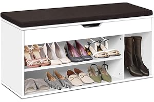 CASART Shoe Bench, Wooden Shoe Storage Cabinet with Flip-Up Top, Detachable Cushion & 3 Compartments, 2-Tier Shoes Rack Shoe Storage Stool for Hallway Entryway Living Room, 103x30x48cm (White)