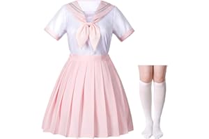 Elibelle Classic Japanese Anime School Girls Pink Sailor Dress Shirts Uniform Cosplay Costumes with Socks Hairpin set
