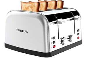 Taurus – Tostapane Vintage Four 1900W | 4 Fessure 135x35mm | 7 Livelli | 3 Funzioni | Controlli indipendenti | Inox | Centratura automatica | Raccoglibriciole | Sollevamento extra | Grigio