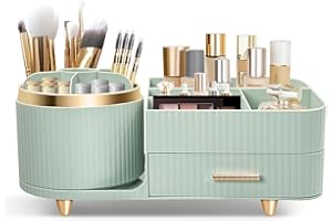 Cinnani Make Up Kosmetik Organizer, 360° Drehbarer Multifunktionale Kosmetikaufbewahrung,Beauty Organizer für Frisiertisch, Bad und Schlafzimmer,Mit multifunktionaler kleiner Schublade(Grün)