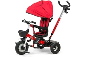Milly Mally Dreirad Movi für Kinder im Alter 1-5 Jahren, bis 25 kg, bequemer, drehbarer Sitz 360 Grad, Steuerung mit einem Griff, abnehmbares Geländer, Sicherheitsgurte ROT