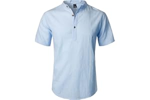 LucMatton Men's Casual Cotton Linen Short Sleeve Henley Shirt Summer Lightweight Banded Collar Beach Tops