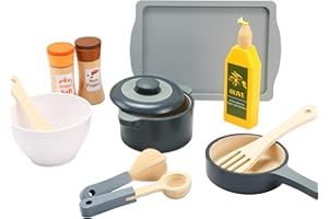 Ensemble de Jouets de Cuisine en Bois Giant Bean, 12 Accessoires de Cuisine, Casseroles et Couverts de Table, Jouets Cadeaux Montessori Idéaux pour Enfants Tout-Petits de 1, 2, 3, 4, 5, 6 Ans