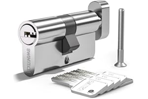 Bwintech 1 Pieza 35T/35mm Euro Cilindro Latón, 70mm Cerradura De Bola/Cono Con Mango Oval Y 5 Llaves Horizontales De Latón,Antiganzúa,Antitaladro,Antirotura,Acabado Cromado