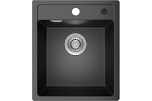 ANYCEE Fregadero Cocina Negro 40x46 cm, 80% Arena Cuarzo Fregadero Cocina 1 Seno Incl Sifón para Armarios Bajos a Partir 40 cm Ancho