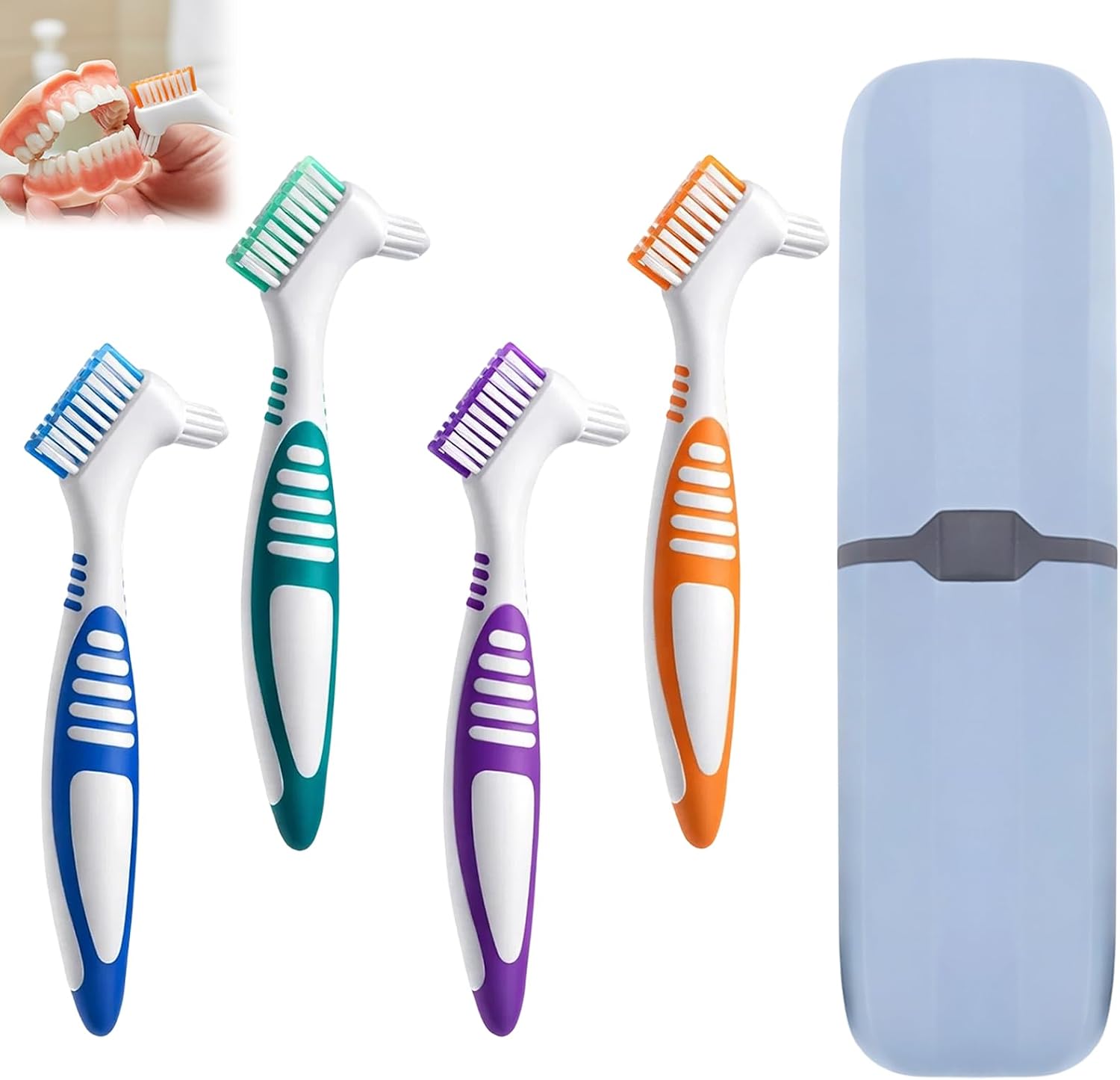 ikBrtaiay 4 Cepillos Protesis Ferula Dental para Dentaduras Postizas, Cepillo Ferula para Dentaduras (4 Colores) con 1 Estuche Portátil, Cepillo Ortodoncia Brackets para Cuidado de Dentaduras Postizas