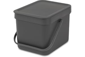 Brabantia Sort & Go Abfalleimer mit Deckel 6 L (grau), platzsparender Biomüll Behälter mit Griff, abnehmbarer, feststellbarer Deckel, leicht zu reinigender kleiner Mülleimer ohne Ecken und Ränder
