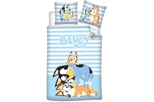 Aymax Bluey And Family - Juego de ropa de cama reversible suave, 100 % algodón, funda de edredón y almohada para niños, 135 x 200 cm + 48 x 74 cm