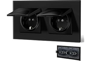 BSEED Steckdose 2 Fach mit Wasserdichter Abdeckung, Schuko Steckdose mit Steckklemme, Unterputz Steckdose mit Kristall Glas Platte, Doppelsteckdose Einbausteckdose 16Amp Wandsteckdose 157mm, Schwarz