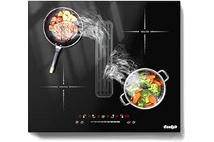 Cooksir Induktionskochfeld 4 Platten mit Dunstabzug, Kochfeld Induktion 60cm Einbau mit Booster, Timer, Pause, 6400W Induktionsfeld, 135 W Dunstabzugshaube, 220-240V, Kein Stecker