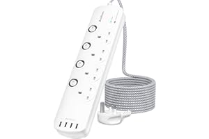 ADDTAM Extension Lead with USB Slots, 4 Way Socket Outlets Power Strips with 4 USB (4.5A) Surge Protection Plug Extension with 1.8 Meter Braided Extension cord for Home Office, Individually Switched White