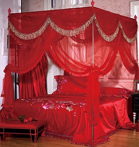 KUGKIUKAY Red Four Corner Post Bed Canopy Mosquito Netting Canopies (Double(1 x Bed Canopy + Bed Canopy Frame), Red)