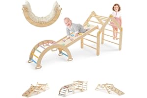 DENMOSTY 7-in-1 Indoor Climbing Frame for Toddlers & Baby, Wooden Pikler Triangle Set with Soft Cushion, Montessori Climbing Toys with Ladder & Arch & Sliding & Ramp, Play Jungle Gym for Kids 1-6
