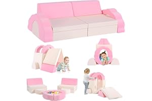MINENICE Divano per bambini, Divano gioco modulare in schiuma per bambini, composto da 10 pezzi, conforme alle Con effetto luminoso (Set di divani per bambini da 10 pezzi - Rosa e Beige)