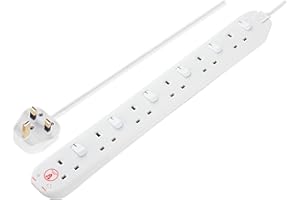 Masterplug Six Socket Extension Lead, 2 Metre Cable, Surge Protection, Individual Switches, Power and Surge LED Indicators, 6-Way Plug Extension Cable, Power Strip, White, 13A, 6G, 2m, SWSRG6210N