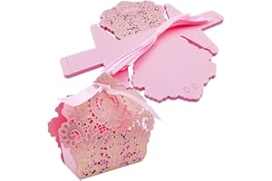 ONEBO 25 Pezzi Scatola di carta per caramelle,Scatola Natalizia Confezione Regalo,Scatola di favore con nastro,per Caramelle Cioccolato Biscotti,per Decorazioni Natalizie Fai da Te(Rosa)