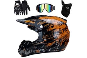UIGJIOG Casco da Motocross Stampa Floreale Arancione Set con Occhiali Guanti Face Mask, per Bambini E Adulti, Casco da Motociclista AVT MX Integrale per Downhill Offroad,Arancia,M(54~55cm)