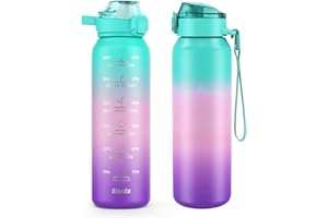 SLUXKE Botella Agua 18/10 Acero Inoxidable 1 Litro, Botella Termica 1000ml con Handle y Marcador de Tiempo, Libre BPA, Cantimplora Infantil para Gimnasio, Deporte, Ciclismo