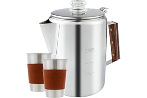 APOXCON Camping Coffee Percolator Pot Travelling Set 304 Stainless Steel Coffee Maker Pot Campfire Stovetop Fast Brew Kettle 9 cups with stainless steel coffee cups(2pcs)