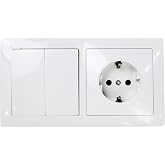 Double switch with Schuko base white 10AX,16A,250V. (DOUBLE SWITCH+1PLUG)