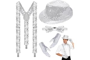 Anyingkai 4 Pièces Accessoire Paillette Homme,Chapeau à Paillettes,Ensemble de Paillettes Cravate Noeud Papillon Paillette Bretelle pour Homme Femme Carnaval Disco Fête à Thème