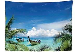Ulticool - Plage Zee Boot Palmboom Natuur - Tapisserie - 200x150 cm - Grande tapisserie - Décoration d'affiches - Papier peint - Toile - Peinture - Accessoires séparateur de pièce - Bleu