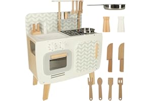 SHERWOOD STORE Cucina giocattolo legno per bambini da 3 a 6 anni - Cucinetta in legno con 9 accessori stile vintage - Gioco di cucina per Bambini in Legno con Forno, Lavello, Armadietto e Pulsanti