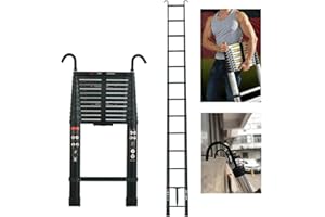 RIGOGO Échelle télescopique en Aluminium de 5 m avec 2 Crochets, échelle de Grenier, escale Extensible avec 13 échelons, échelle multifonctionnelle, Charge de 150 kg