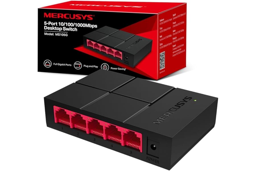 MERCUSYS MS105G 5-Port Desktop Ethernet Network Switch/Hub, 10/100/1000Mbps Ethernet Splitter, Energy Saving up to 82%, Plug & Play, TP-Link Switch, Perfect for home/small office/dormitory